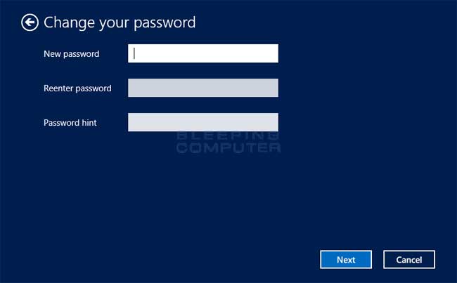 Windows 8 Change password screen
