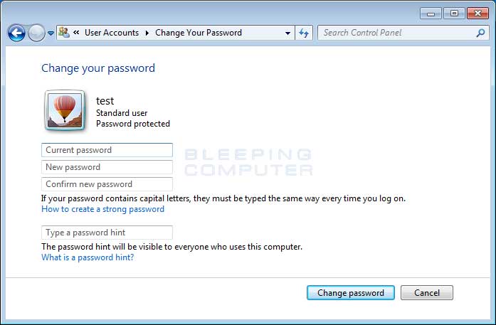 Windows 7 Change your Password screen